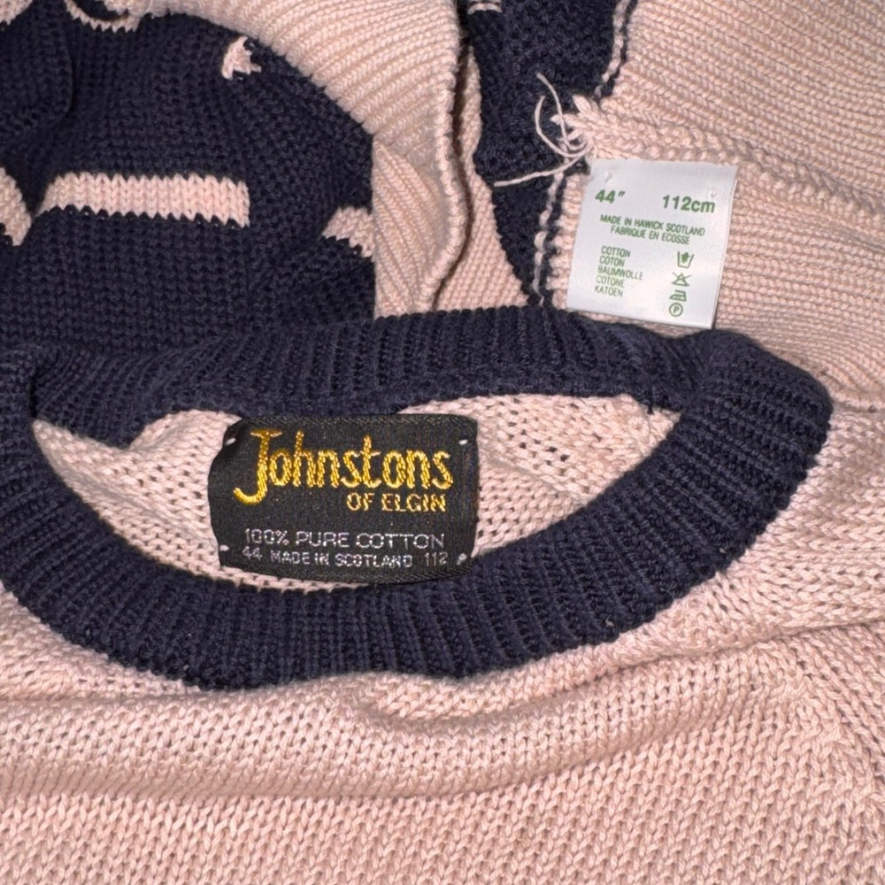 Johnstons of Elgin Cotton Striped Sweater Mens 44 Navy Pink/Peach EUC Scotland - Picture 4 of 7